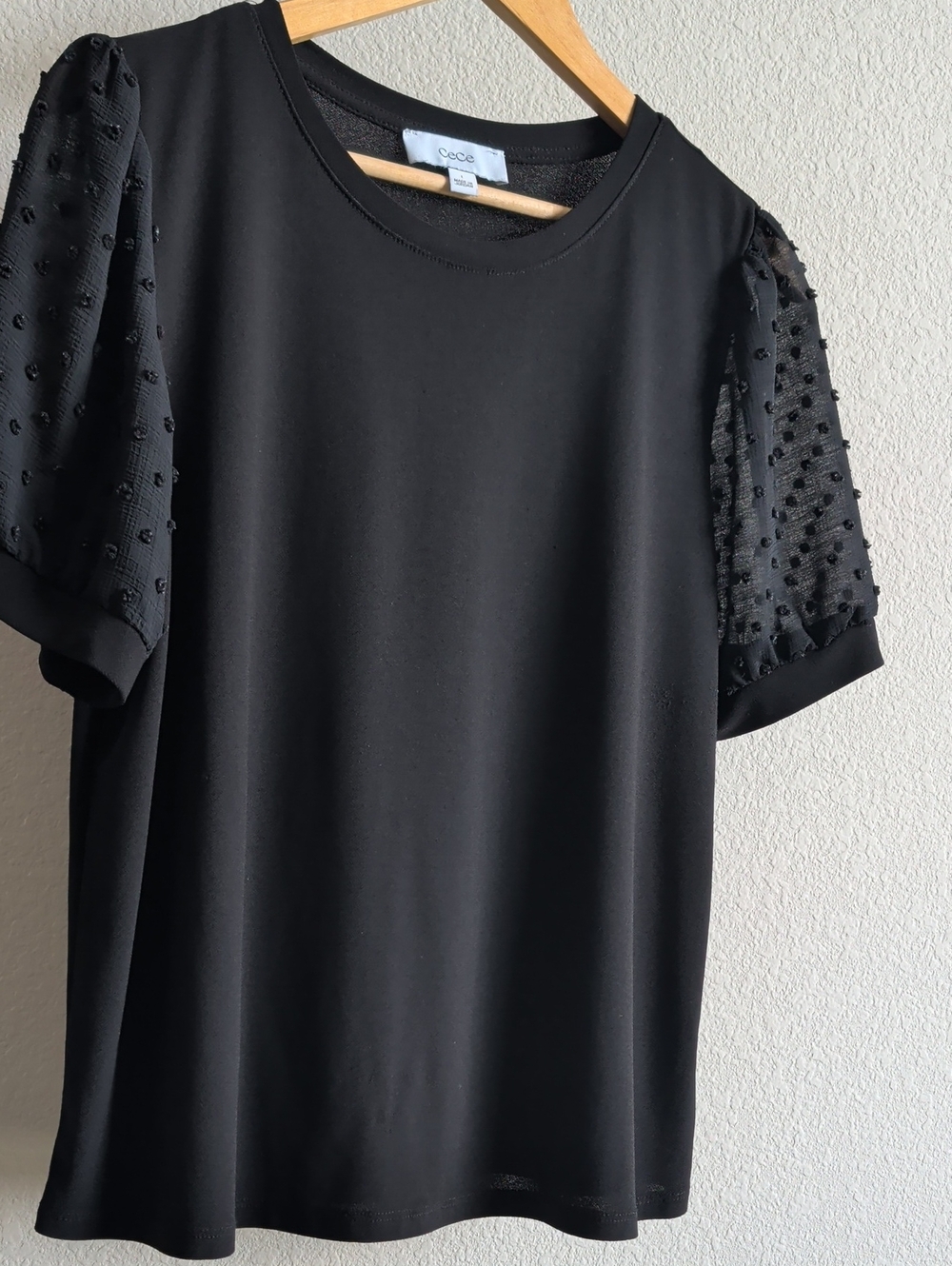 CeCe Black Short-Sleeve Top with Textured Puff Sleeves